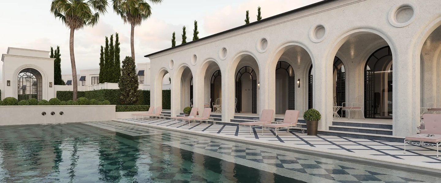 Resort-style pool and arched pavilion at an Azure residential community